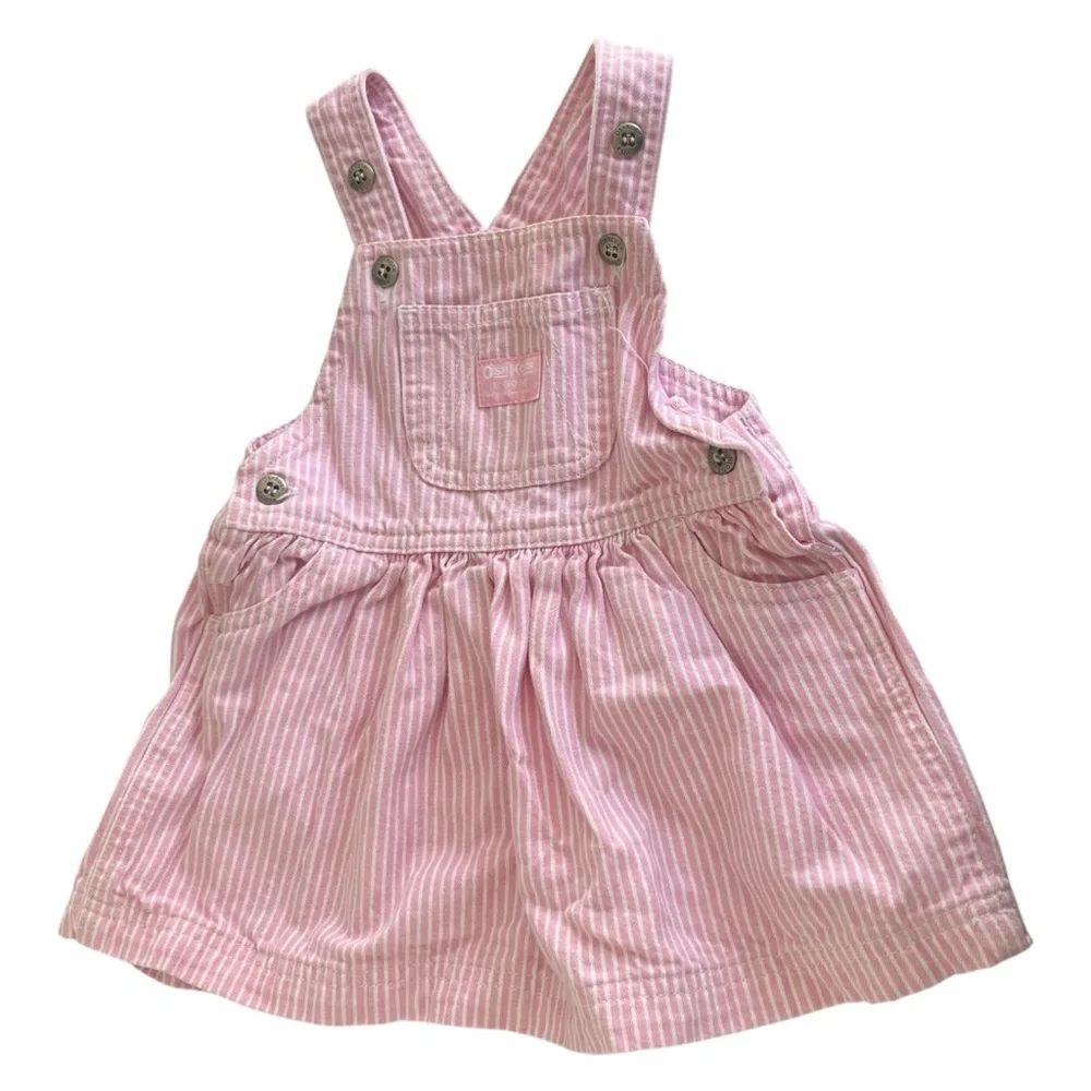VTG Oshkosh Bgosh Baby Pink White Child Conductor Stripe Overall Dress Size 18M